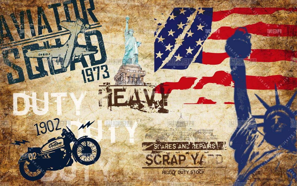 复古怀旧水泥墙摩托车美国国旗自由女神像